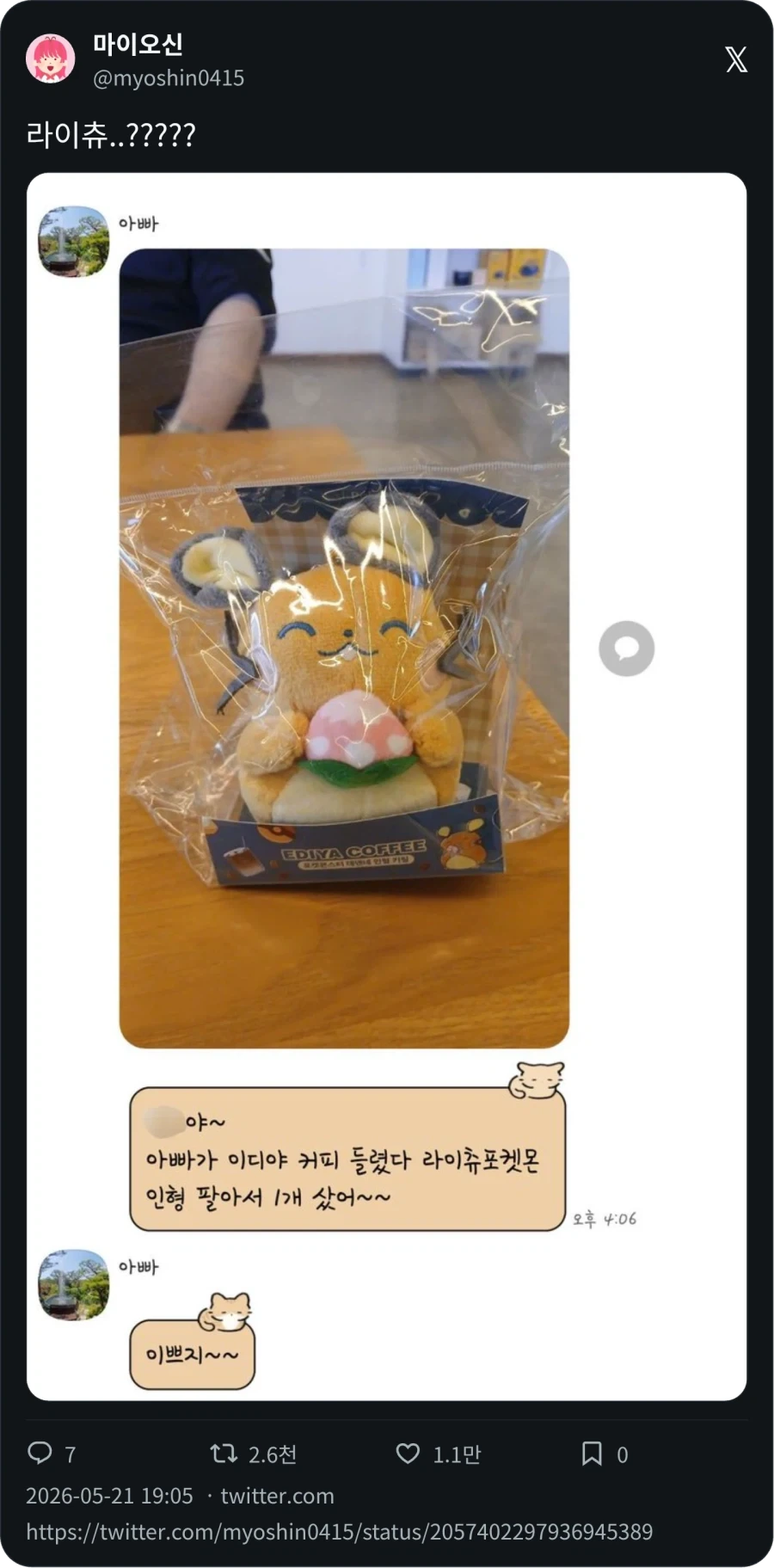 아빠가 사온 라이츄 인형_1.webp
