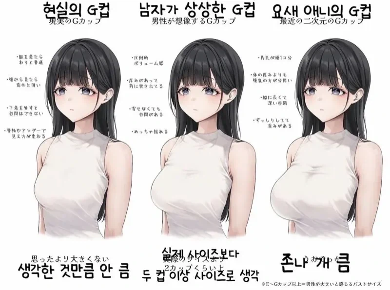 남자가 상상하는 G컵 vs 현실의 G컵 vs 애니의 G컵_1.webp