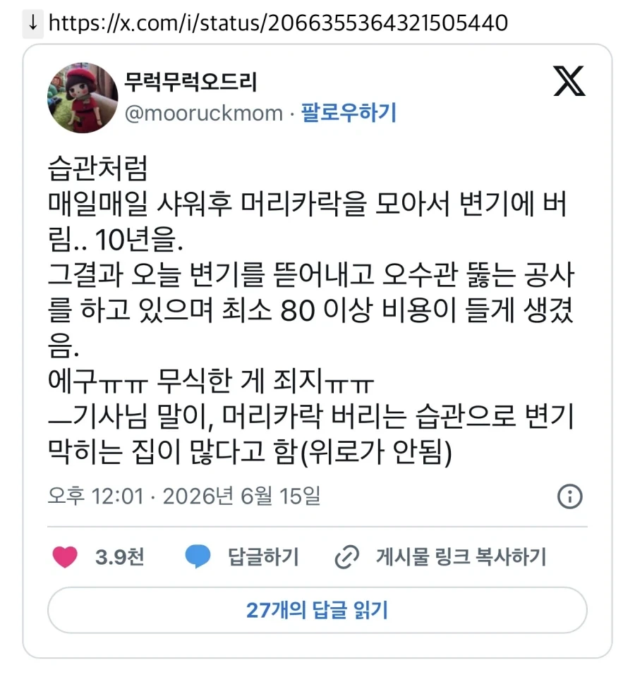 습관처럼 변기에 머리카락 버린 사람의 최후.JPG_1.webp