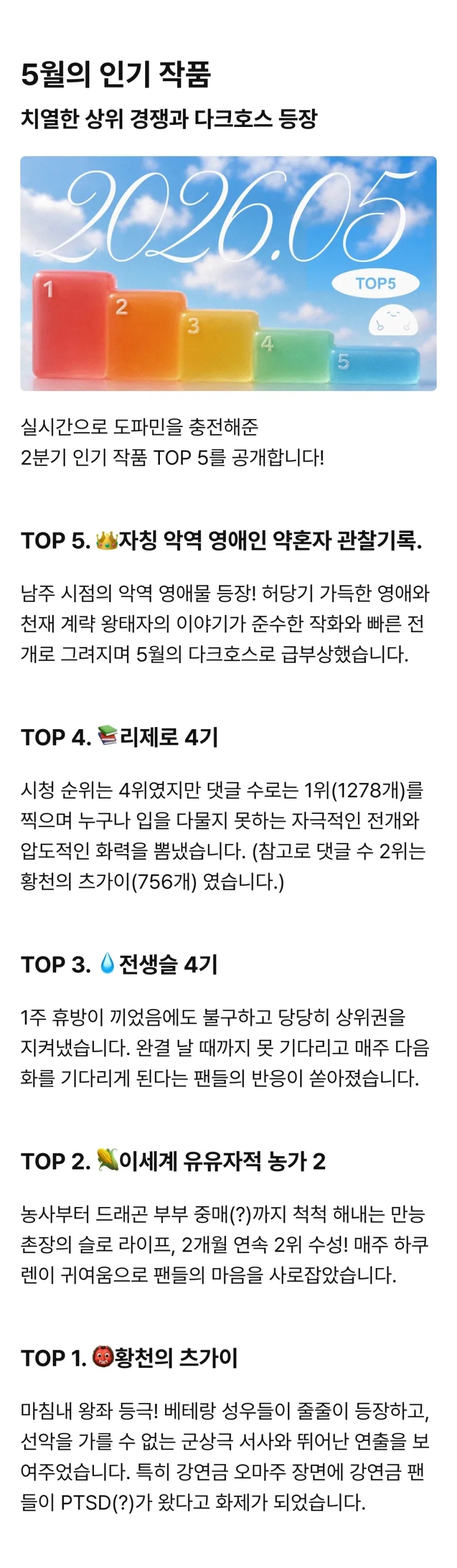 라프텔 5월 월간 리포트 『5월의 인기 작품 TOP 5』_1.webp