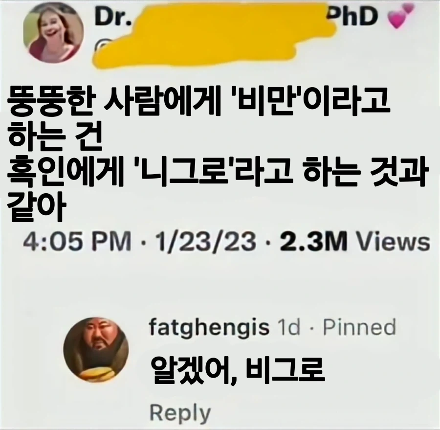 뚱뚱한 사람을 비만이라고 부르는 건 흑인에게 차별적인 단어를 말하는 것과 같아_1.webp
