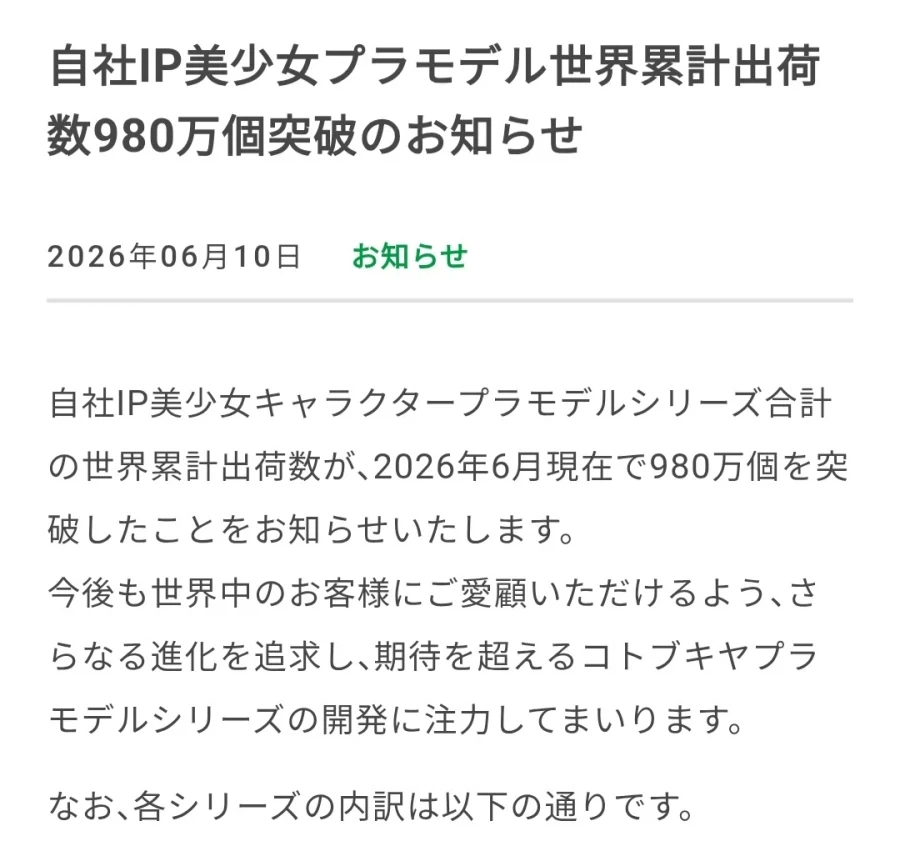 코토부키야 미소녀 프라모델 전 세계 누적 출하량 공개_1.webp