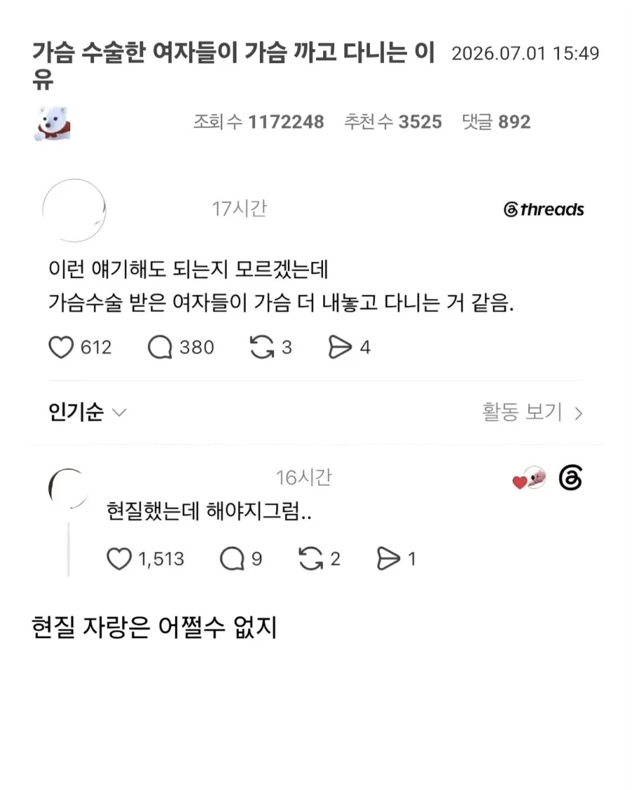 가슴 수술 받은 여자들이 더 내놓고 다니는 것 같아_1.webp