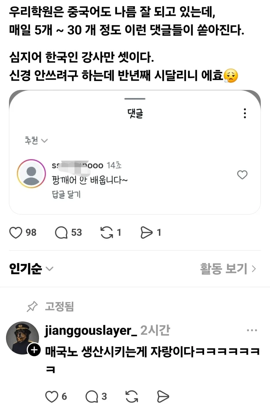 어학원에서 중국어 가르친다고 악플 세례.jpg_1.webp