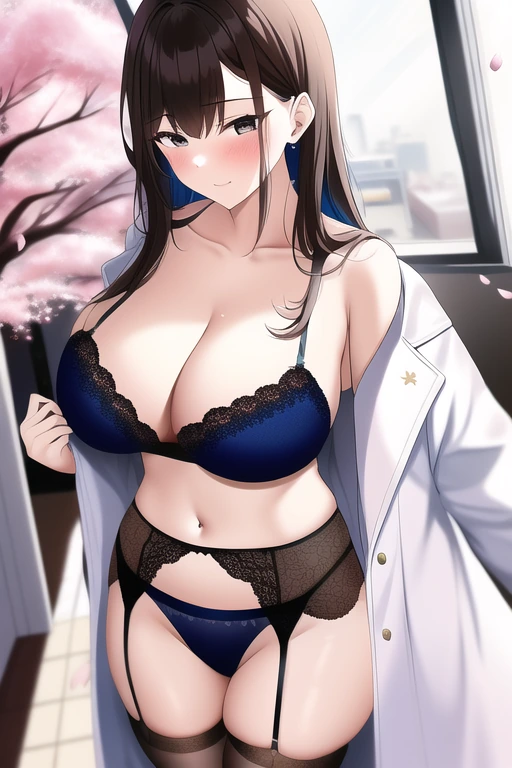 1girl, {detailed}, lustrous skin, colorful, large breast, blue archive(style), brown hair, straight hair, black eyes, cherry blossoms, white coat, Attendance, open coat, thong, c s-2592583408.png