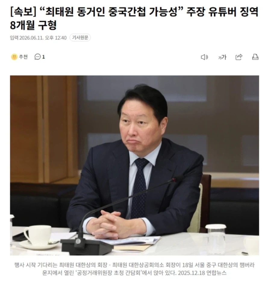 최태원 동거인이 중국간 첩이라고 허위사실 유포한 유투버 징역 8개월_1.webp