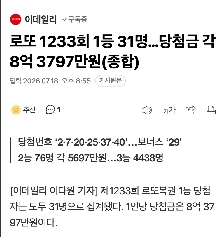 로또 1등의 기쁨이...... 절반이상 꺽이는 뉴스_1.webp