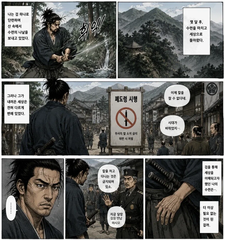 산 속에서 무사 수행을 하고 하산한 사무라이 만화_1.webp