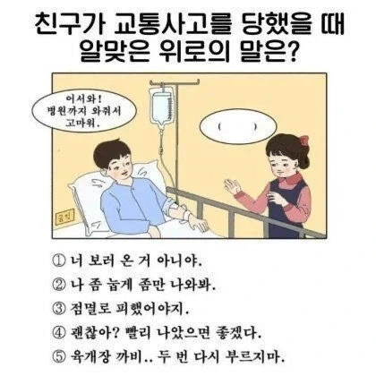 친구가 다쳐서 입원했을 때 알맞은 말은?_1.webp