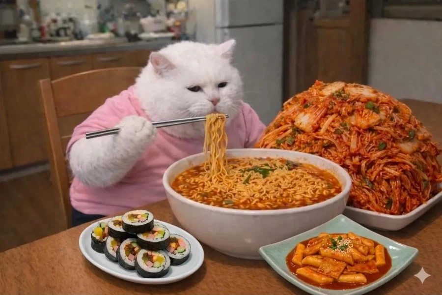 (퍼온AI) 김치 와 라면 먹는 고양이_1.webp