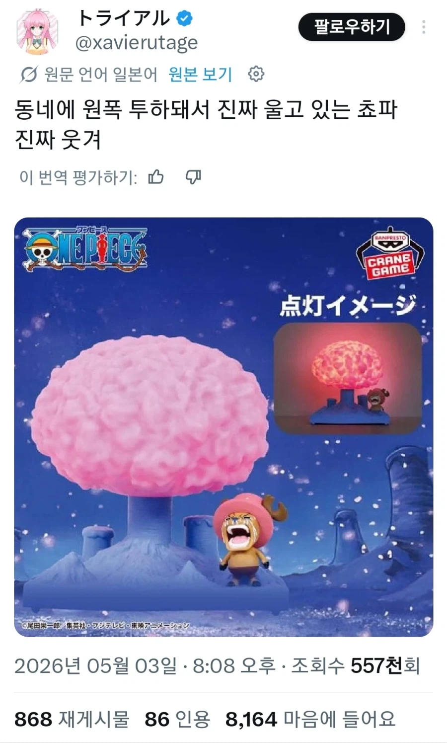 동네에 원폭 투하돼서 진짜 울고 있는 쵸파 진짜 웃겨_1.webp