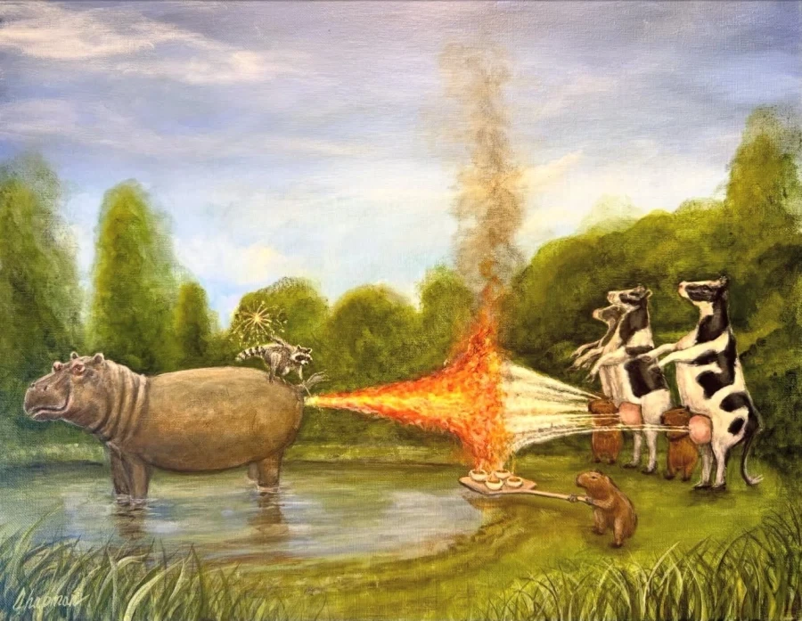 젖소의 우유 공격에 대항해 불방구를 쏘는 하마 그림_1.webp
