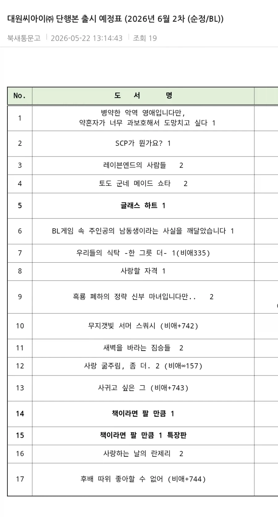 대원씨아이㈜ 단행본 출시 예정표 (2026년 6월 2차 (순정/BL))_1.webp