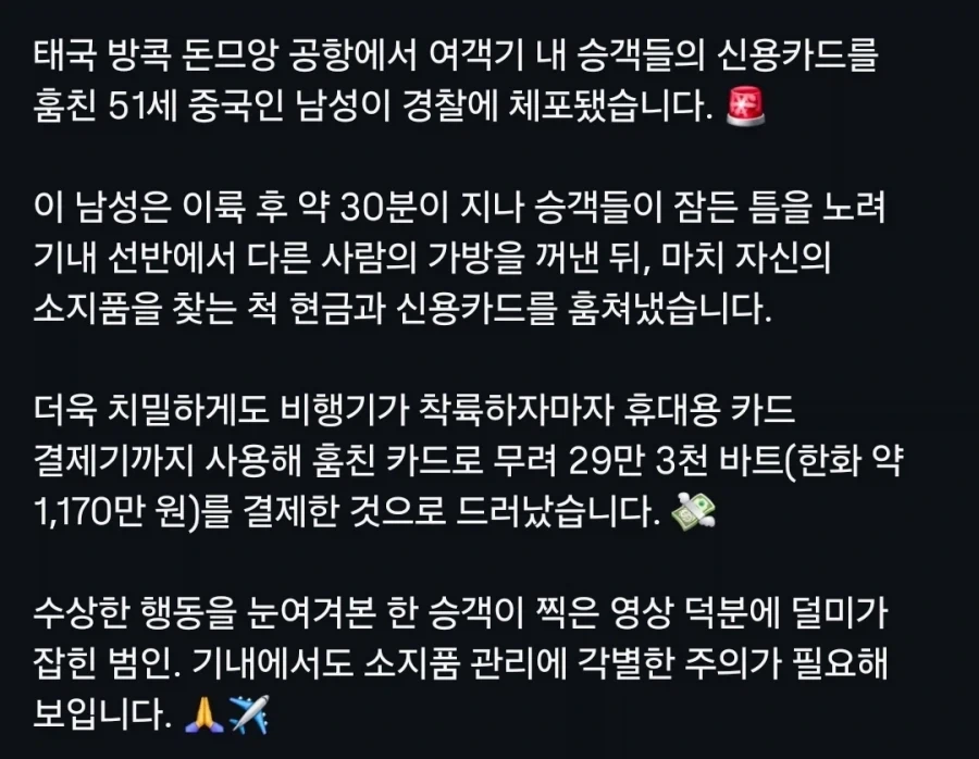 항공기에서 승객 짐 훔치던 중국인 체포_2.webp