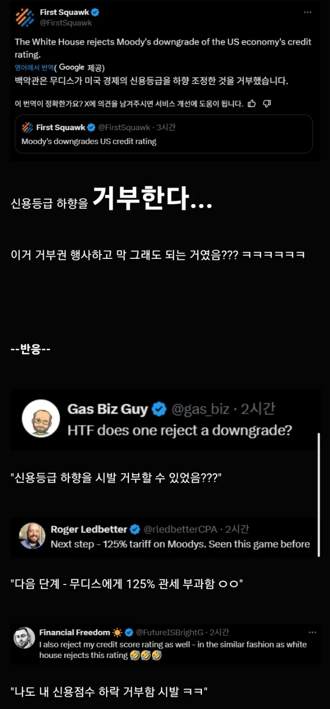 백악관, 미국 신용등급 하향 조정을