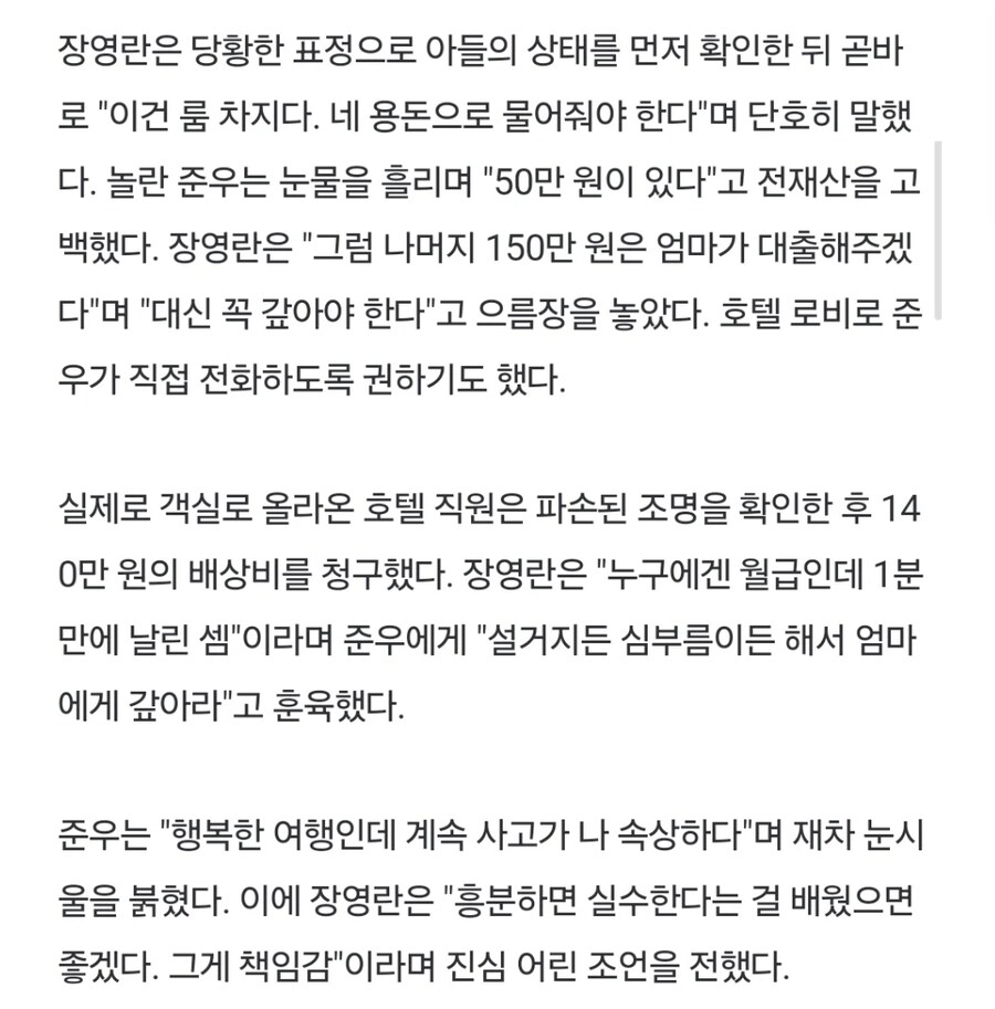장영란 아들, 호텔서 기물 파손…