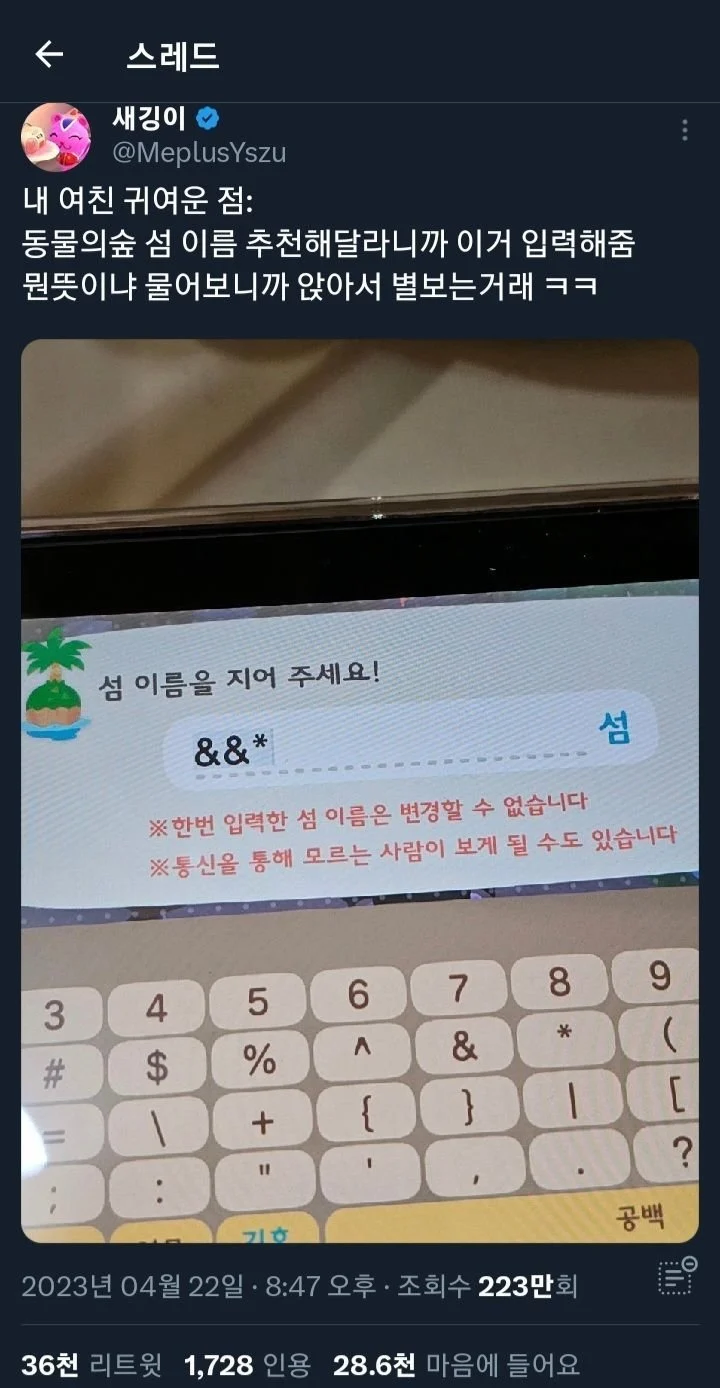 동물의숲 섬 이름 지어준 여친_1.webp