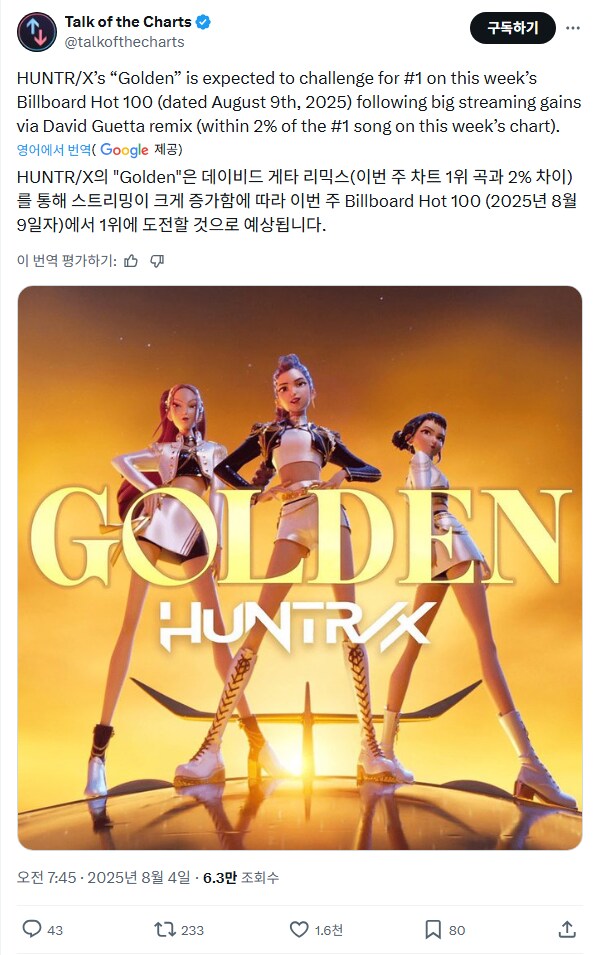 케이팝) 골든 빌보드100 1위 가능성 있다네_1.png