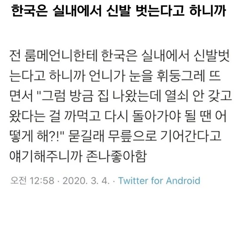 한국은 실내에서 신발 벗는다고 하니까.jpg_1.png