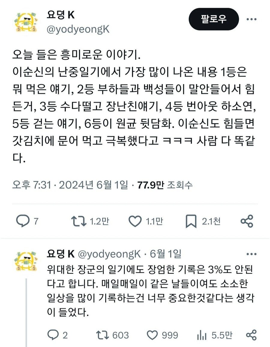 이순신장군의 난중일기에 가장 많이 나온 내용 순위_1.png