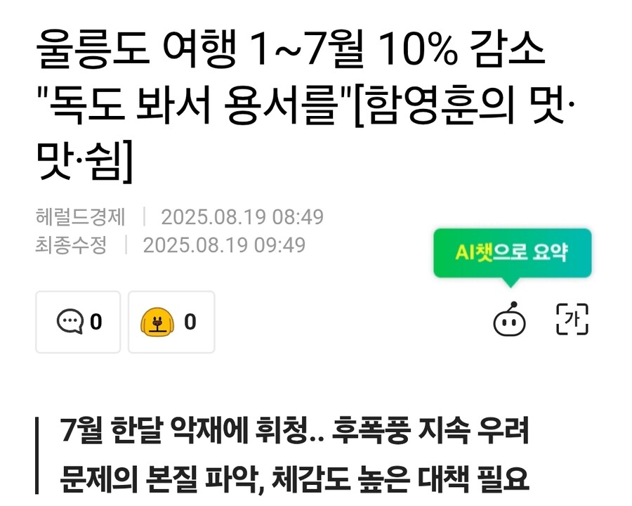 울릉도 여행 상반기 10% 감소
