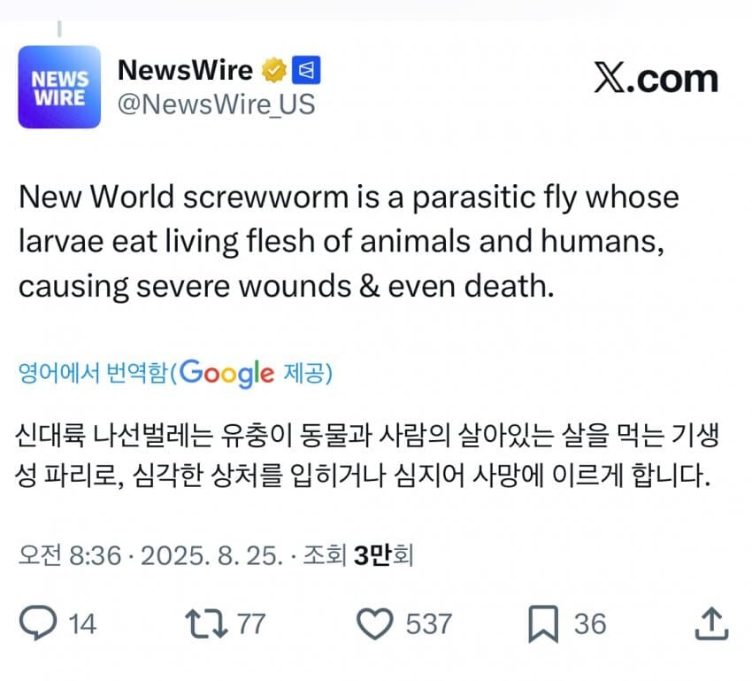 미국에서 “신세계 나사벌레” 인간 감염자 첫 사례 등장.jpg_2.jpg