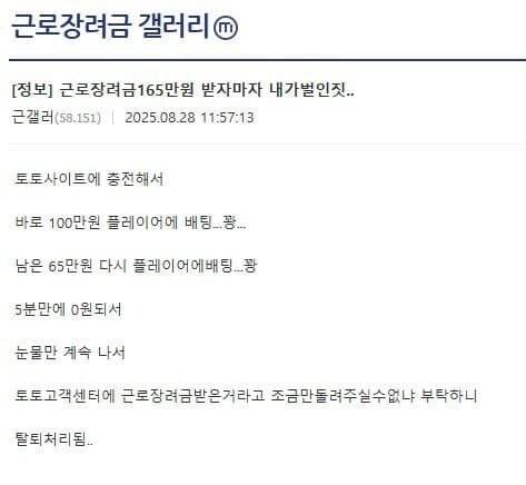 근로장려금 165 받자마자 토토에 다 꼬라박음_1.jpg