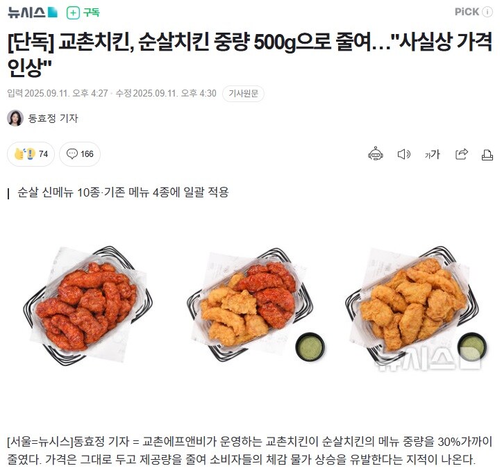교촌치킨, 순살치킨 중량 500g으로 줄여…