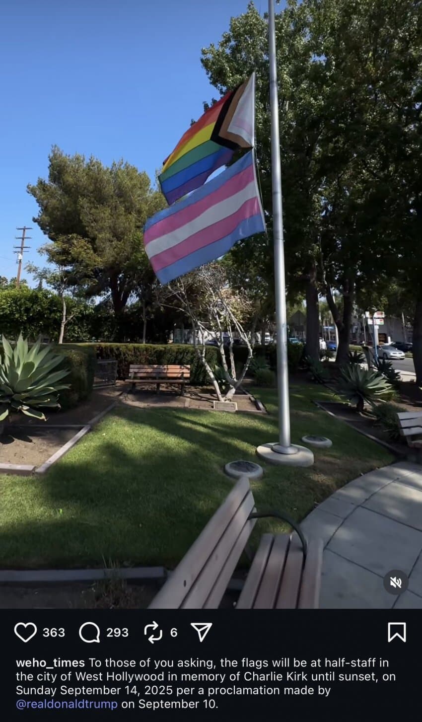 웨스트 할리우드, 찰리 커크 추모 의미로 LGBT 깃발을 조기로 게양.jpg_1.jpg