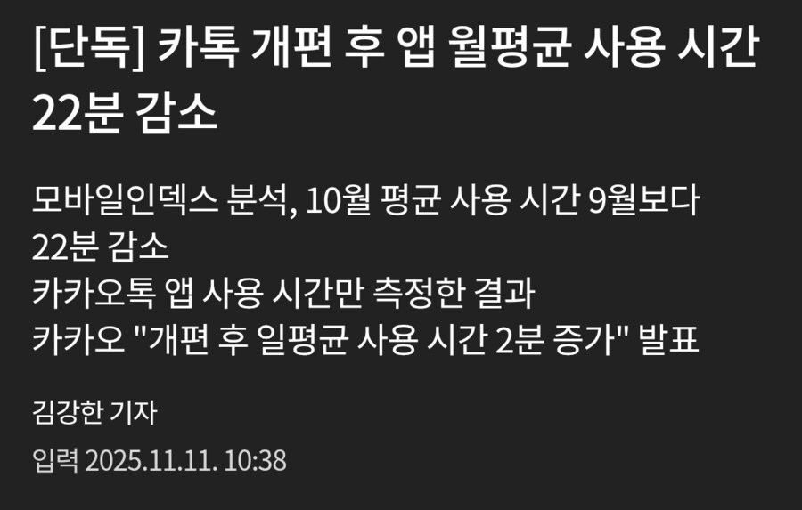 단독) 카톡 개편 후 앱 월평균 사용 시간 22분 감소_1.png