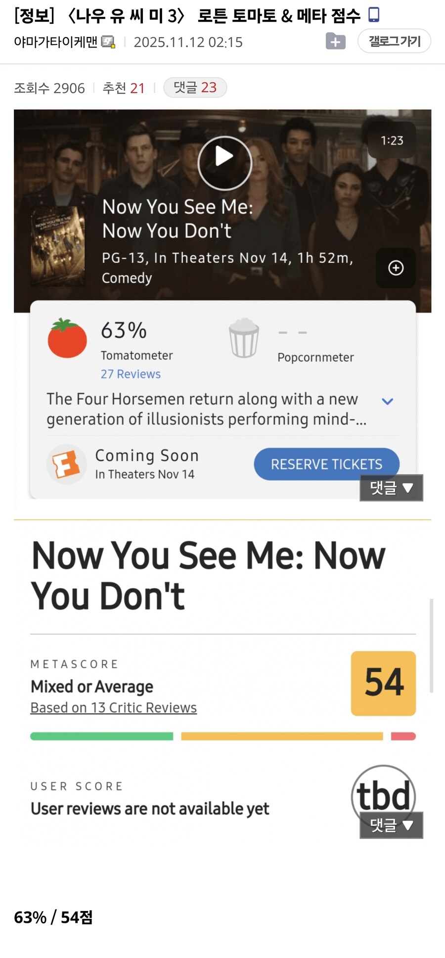 나우 유 씨 미 3 로튼&메타 개↗됐다!!!!_1.jpg
