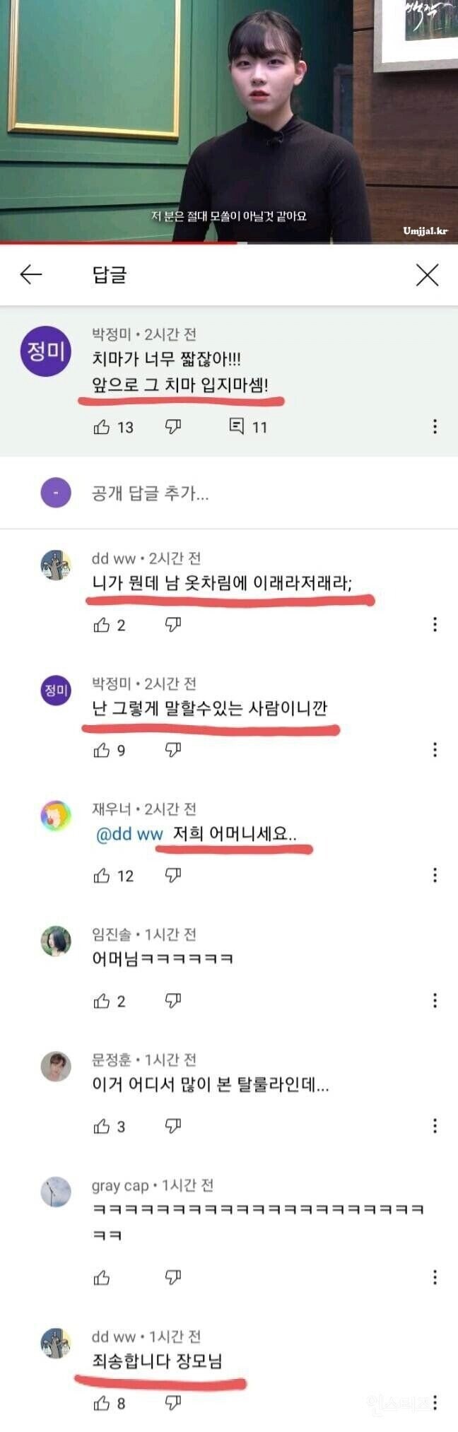 치마가 너무 짧다는 유튜브 댓글.jpg_1.png