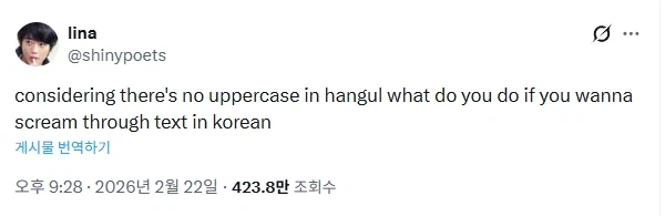 ???:한국인들은 대문자 없는데 글자로 소리지르고싶을때 어떻게 해요_1.webp