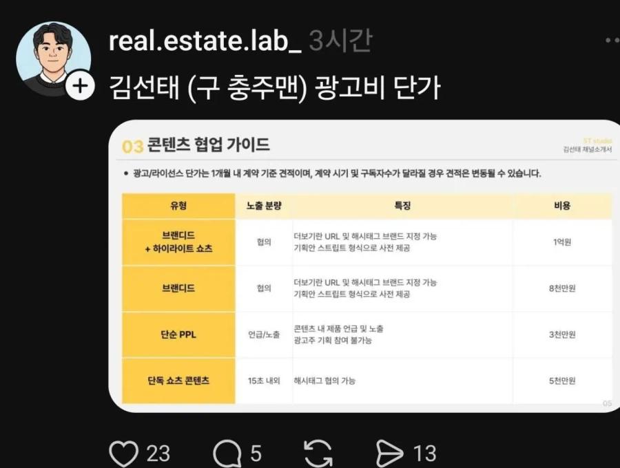 김선태(구 충주맨) 광고단가_1.webp