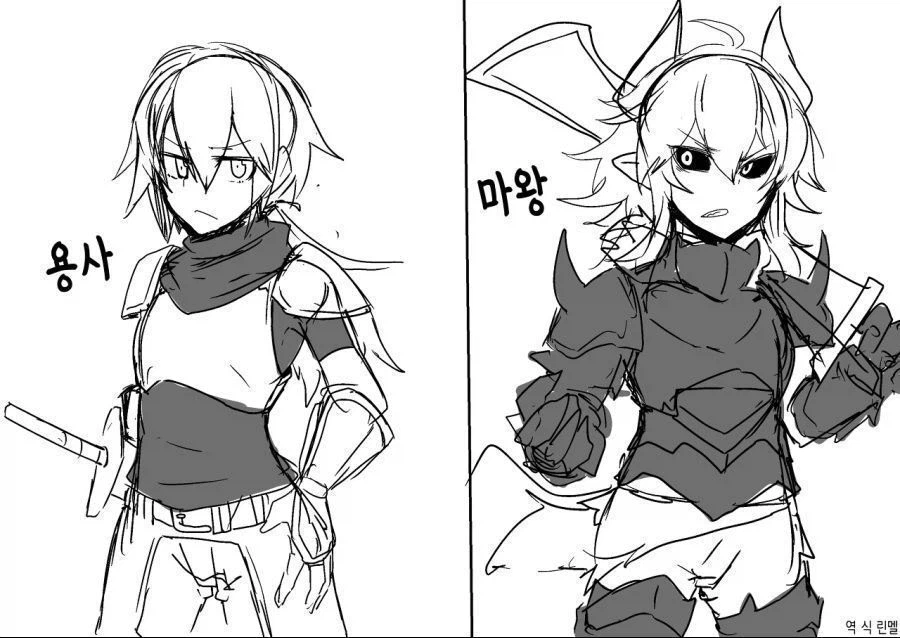 선대의 장비를 착용한 용사와 마왕_2.webp