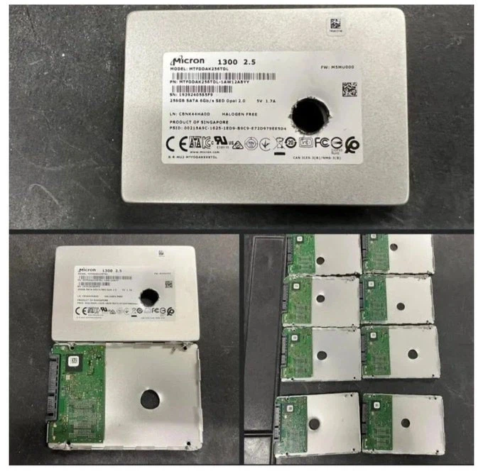 자료 유출 방지를 위해 구멍을 뚫어 폐기한 ssd_1.webp