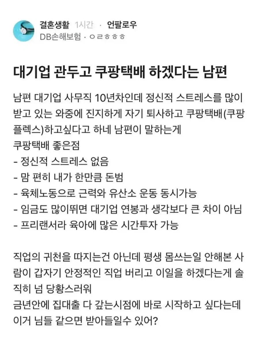 대기업 그만두고 쿠팡 택배 하겠다는 남편_1.webp