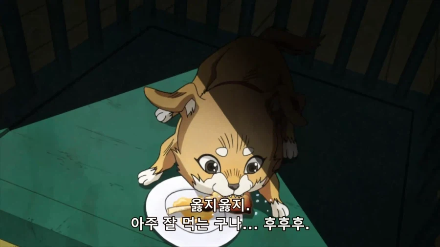 죠죠) 요리사가 애완견에게 고기 음식을 주는 장면_1.webp