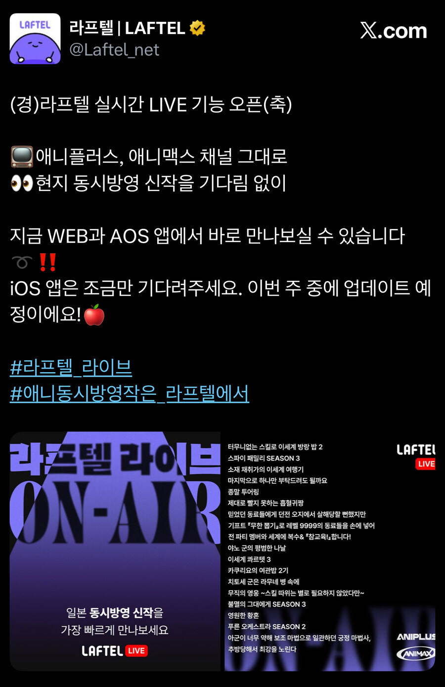 라프텔 실시간 LIVE 기능 오픈_1.jpg