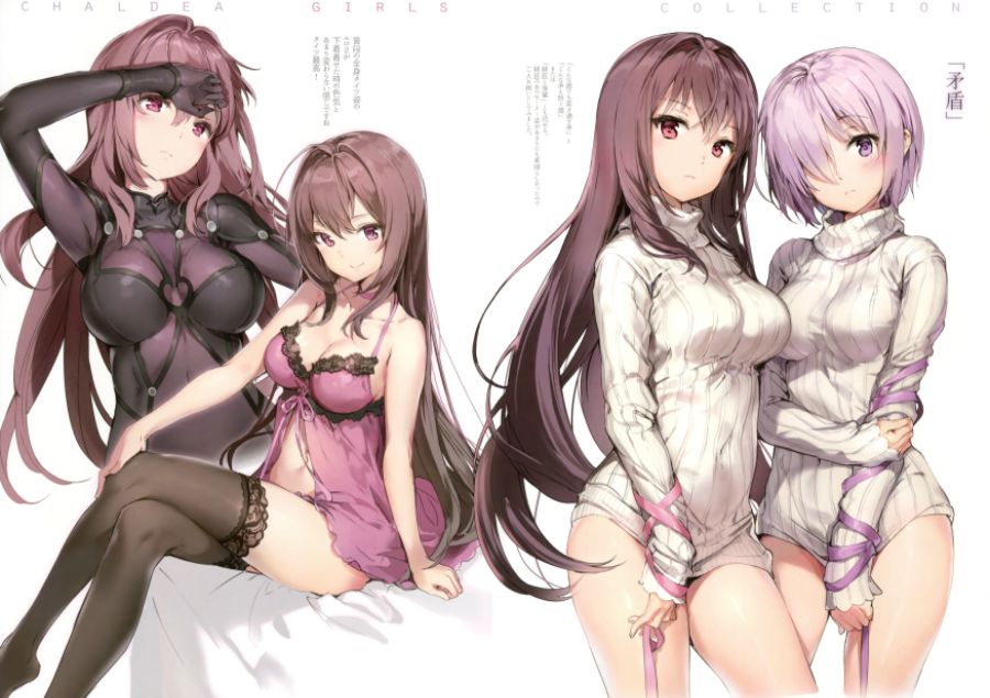 Konachan.com - 246491 2girls anmi bodysuit breasts fate_(series) long_hair mash_kyrielight navel pink_eyes purple_eyes purple_hair ribbons scan short_hair thighhighs.jpg