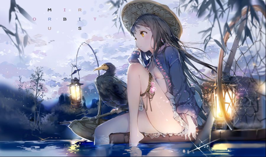 Konachan.com - 185926 animal anmi barefoot bird black_hair boat breasts hat long_hair no_bra open_shirt original water yellow_eyes.jpg