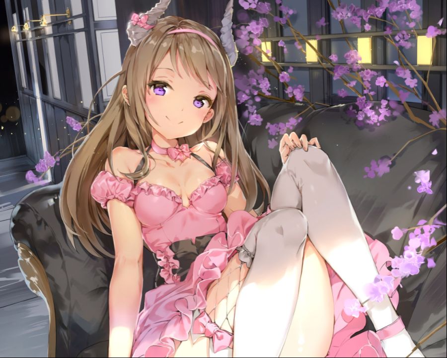 Konachan.com - 232147 anmi breasts brown_hair cherry_blossoms cleavage cropped dress flowers headband horns long_hair original purple_eyes waifu2x.jpg