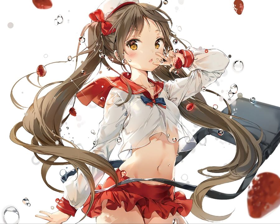 Konachan.com - 232171 anmi blush bow brown_eyes brown_hair cropped food fruit jpeg_artifacts long_hair navel original seifuku twintails.jpg