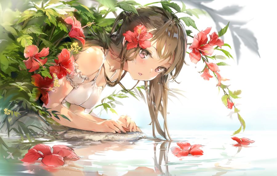 Konachan.com - 267335 anmi brown_hair flowers long_hair original pink_eyes ponytail reflection water.jpg