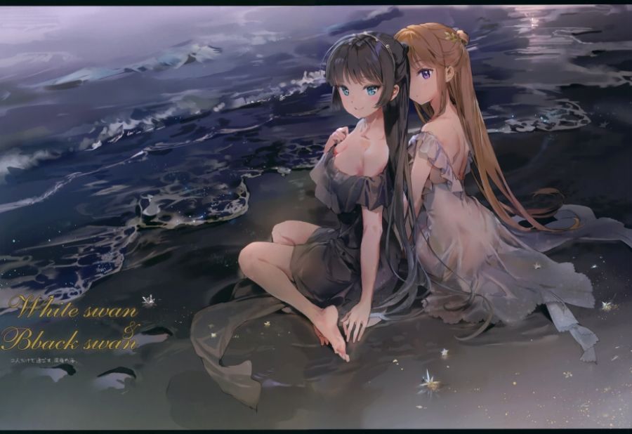 Konachan.com - 278162 2girls anmi barefoot beach black_hair breasts brown_hair cleavage dress green_eyes long_hair original ponytail purple_eyes scan water.jpg