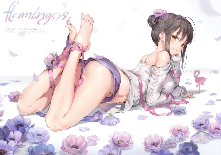 Konachan.com - 261256 anmi ass barefoot blush brown_hair flowers nopan petals ribbons scan short_hair shorts yellow_eyes.jpg