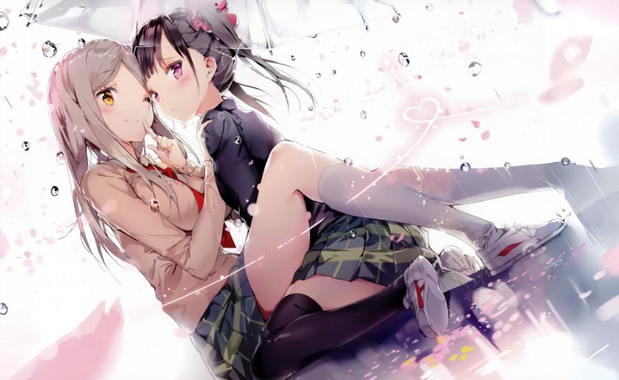 Konachan.com - 267231 2girls anmi black_hair blush kneehighs long_hair noda_kotone purple_eyes sakura_trick scan seifuku skirt thighhighs tie umbrella white_hair wink.jpg