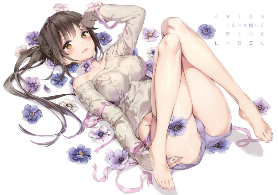 Konachan.com - 234560 anmi barefoot blush brown_eyes brown_hair choker flowers garter long_hair original panties ponytail ribbons scan underwear white.jpg