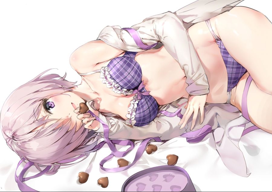 Konachan.com - 236561 anmi blush bra breasts candy chocolate cleavage heart navel open_shirt panties purple_eyes purple_hair ribbons shirt short_hair underwear valentine.jpg