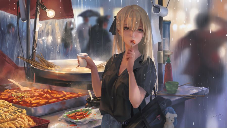 Konachan.com - 284673 blonde_hair drink food g-tz long_hair original rain realistic signed water watermark yellow_eyes.jpg